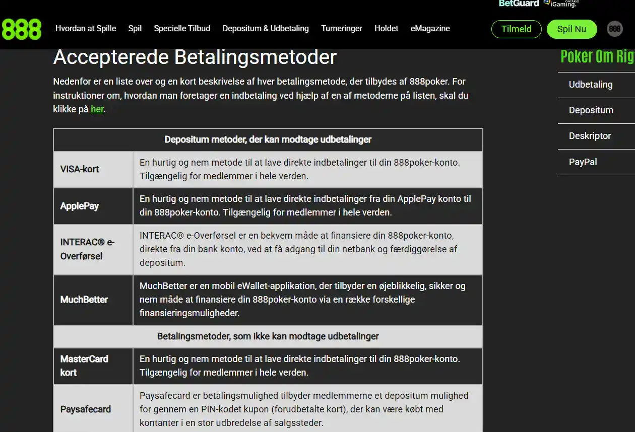 888 Casino Danmark betalingsside med tilgængelige metoder