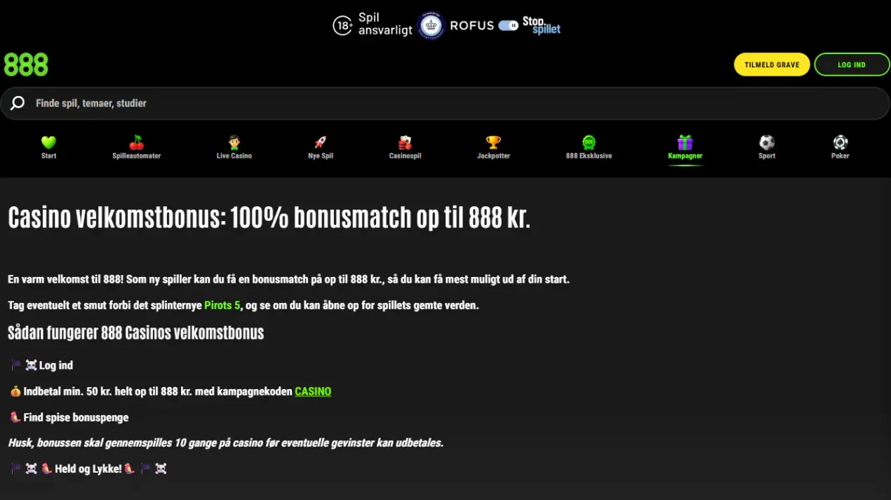 Den aktuelle danske 888 Casino kampagneside med velkomstbonus