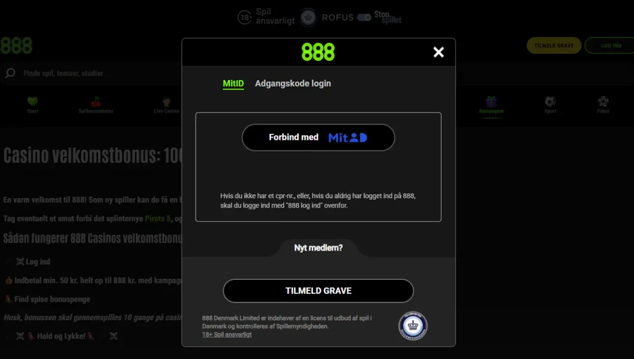 888 Casino Danmarks registrerings- eller indlogningsforløb