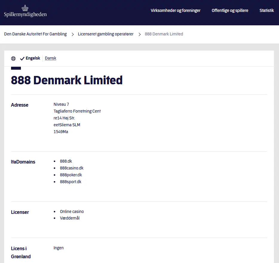 Spillemyndighedens registerpost for 888 Denmark Limited