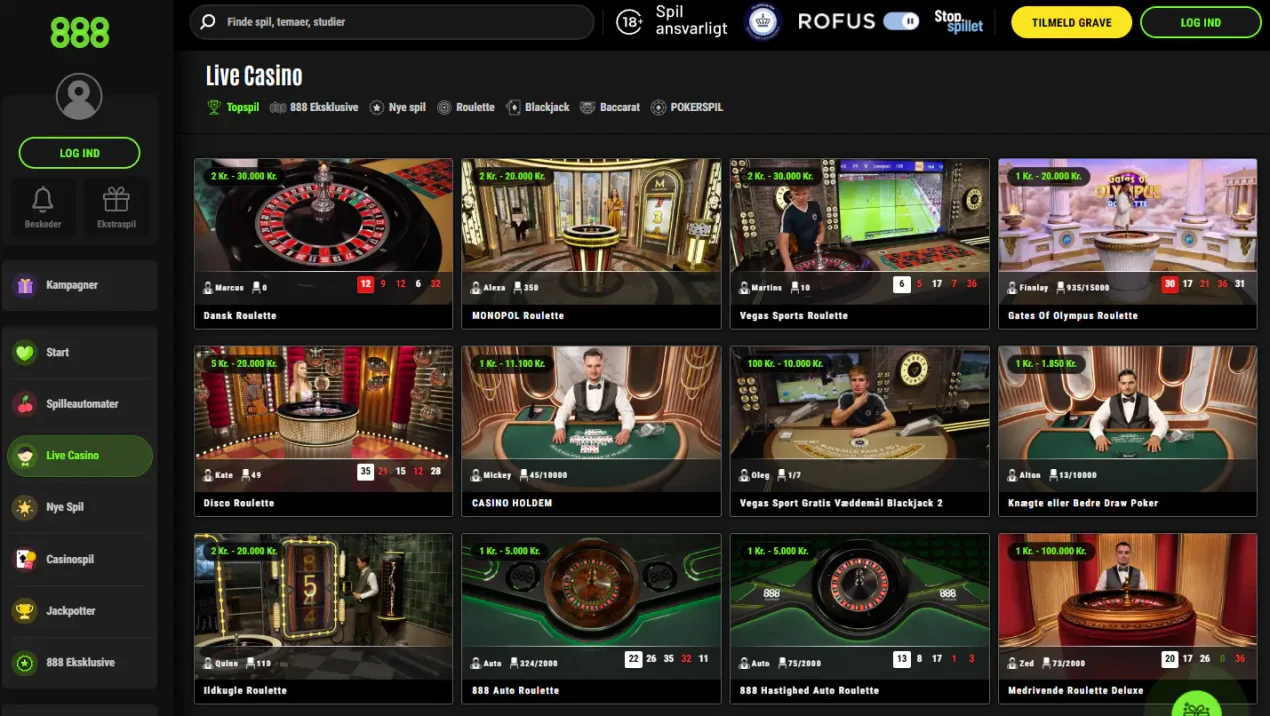 888 Casino Danmark bordspil i realtid spiloversigt