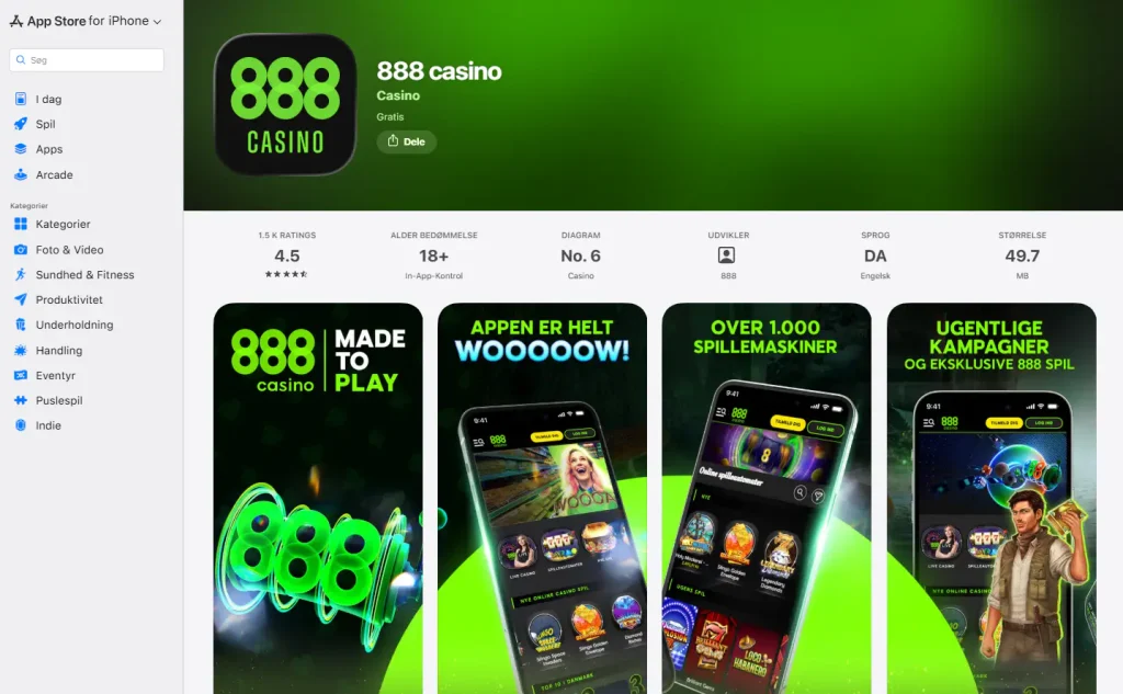 Officielt 888 Casino-mobilprogram i den danske App Store