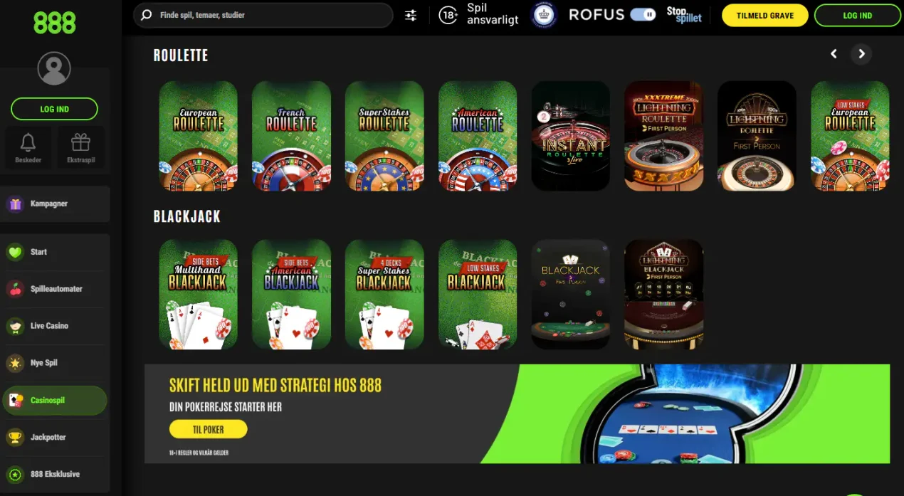 888 Casino Danmark spiloversigt med kategorier