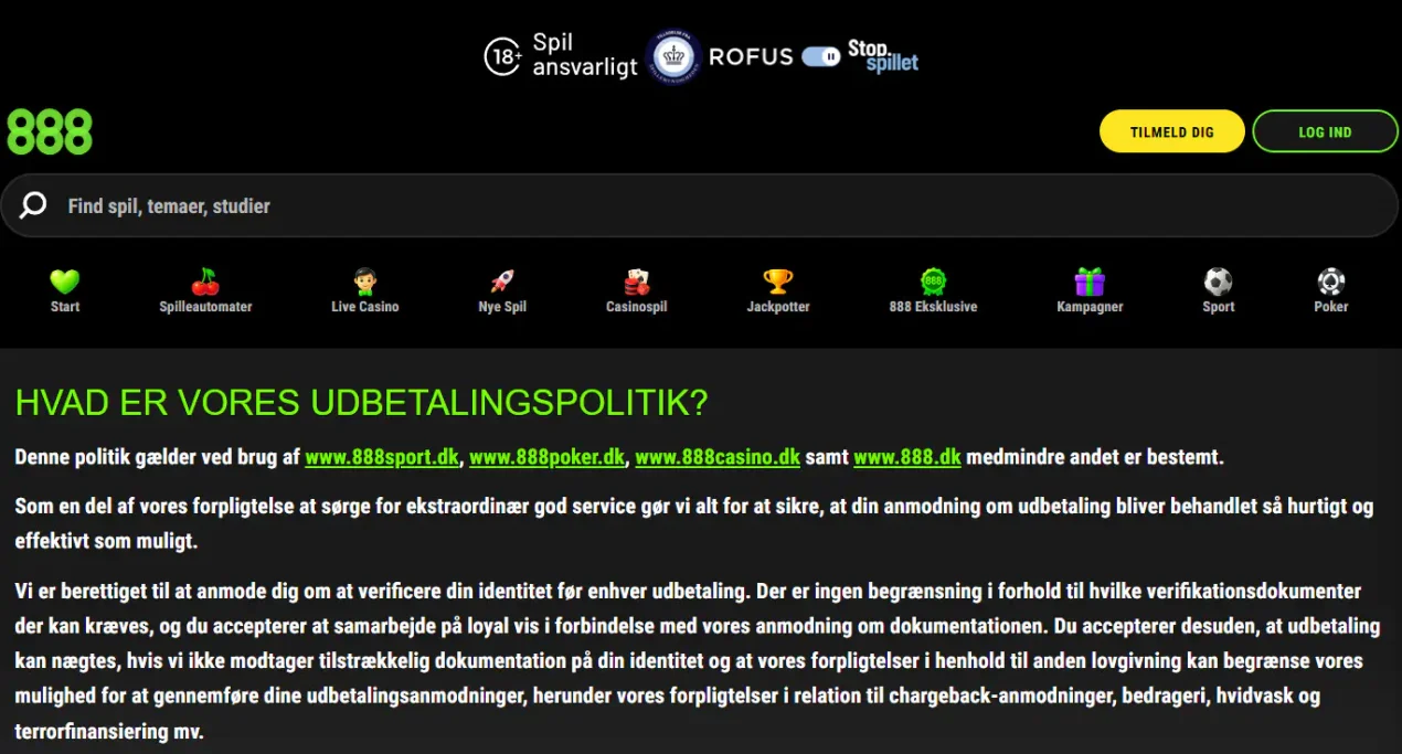 888 Casino udbetalingsside i dansk kasserer
