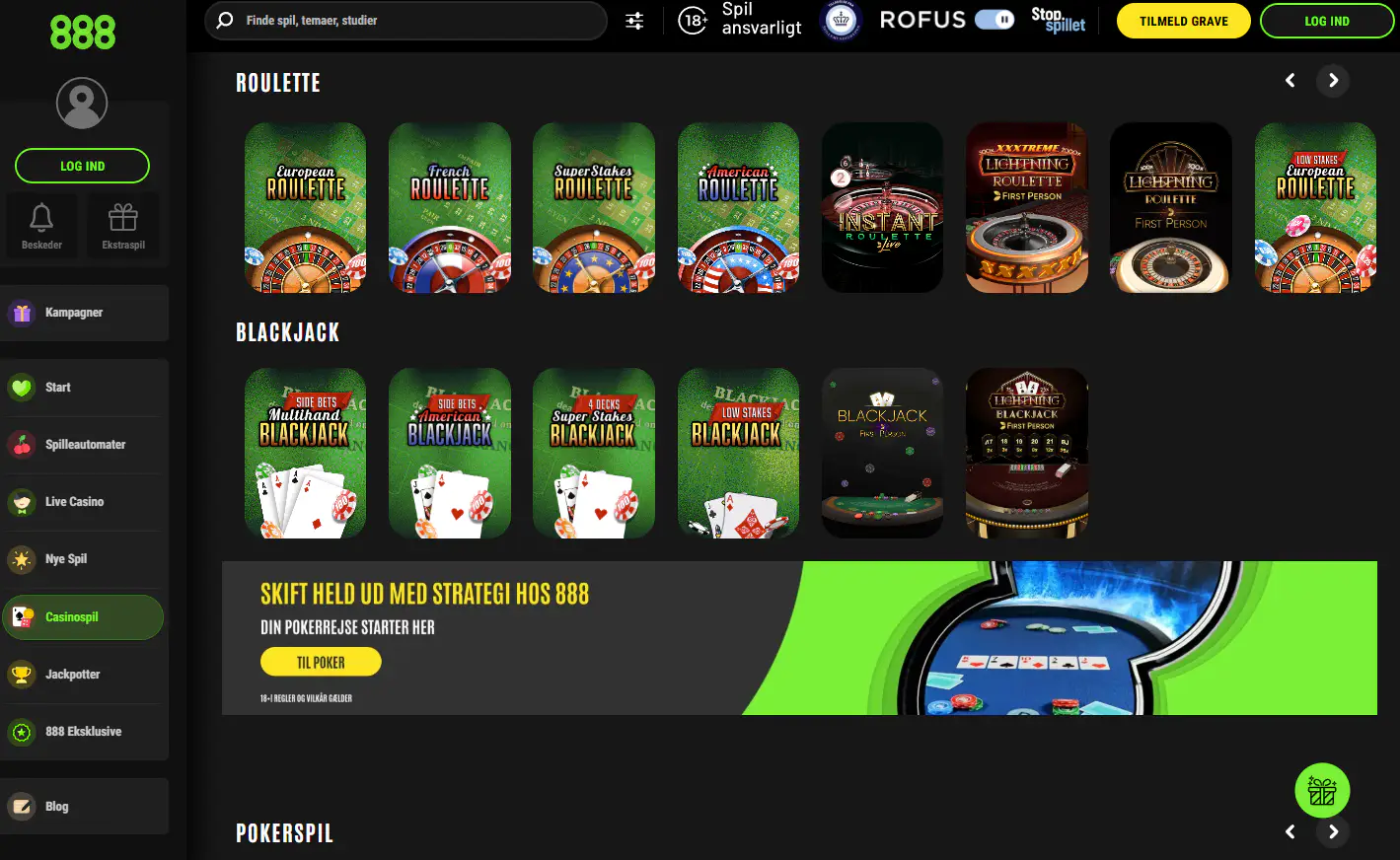 888 Casino Danmarks spiloversigt eller forside